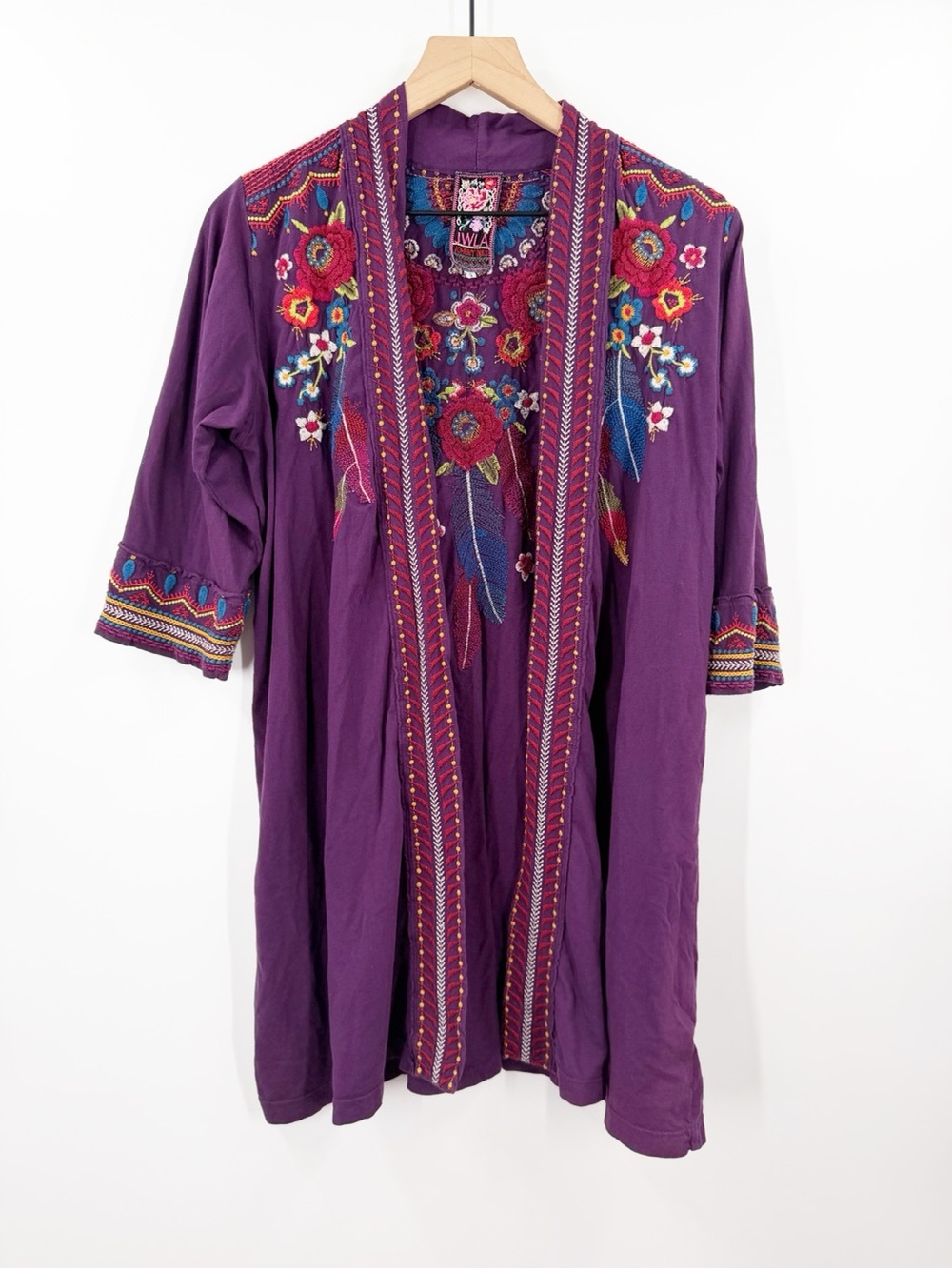 Johnny Was Purple Embroidered Cotton Cardigan